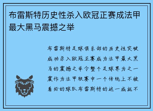 布雷斯特历史性杀入欧冠正赛成法甲最大黑马震撼之举